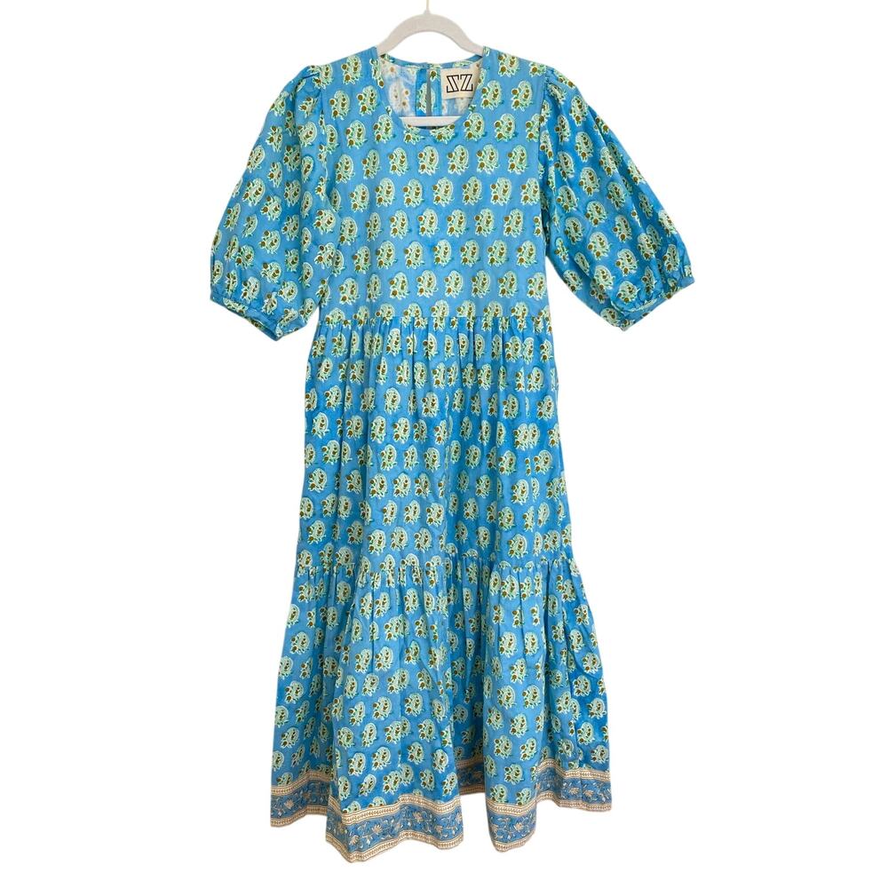 SZ Blockprints Tuckernuck Gaia Puff Sleeve Midi Dress Turquoise Blue Cotton S